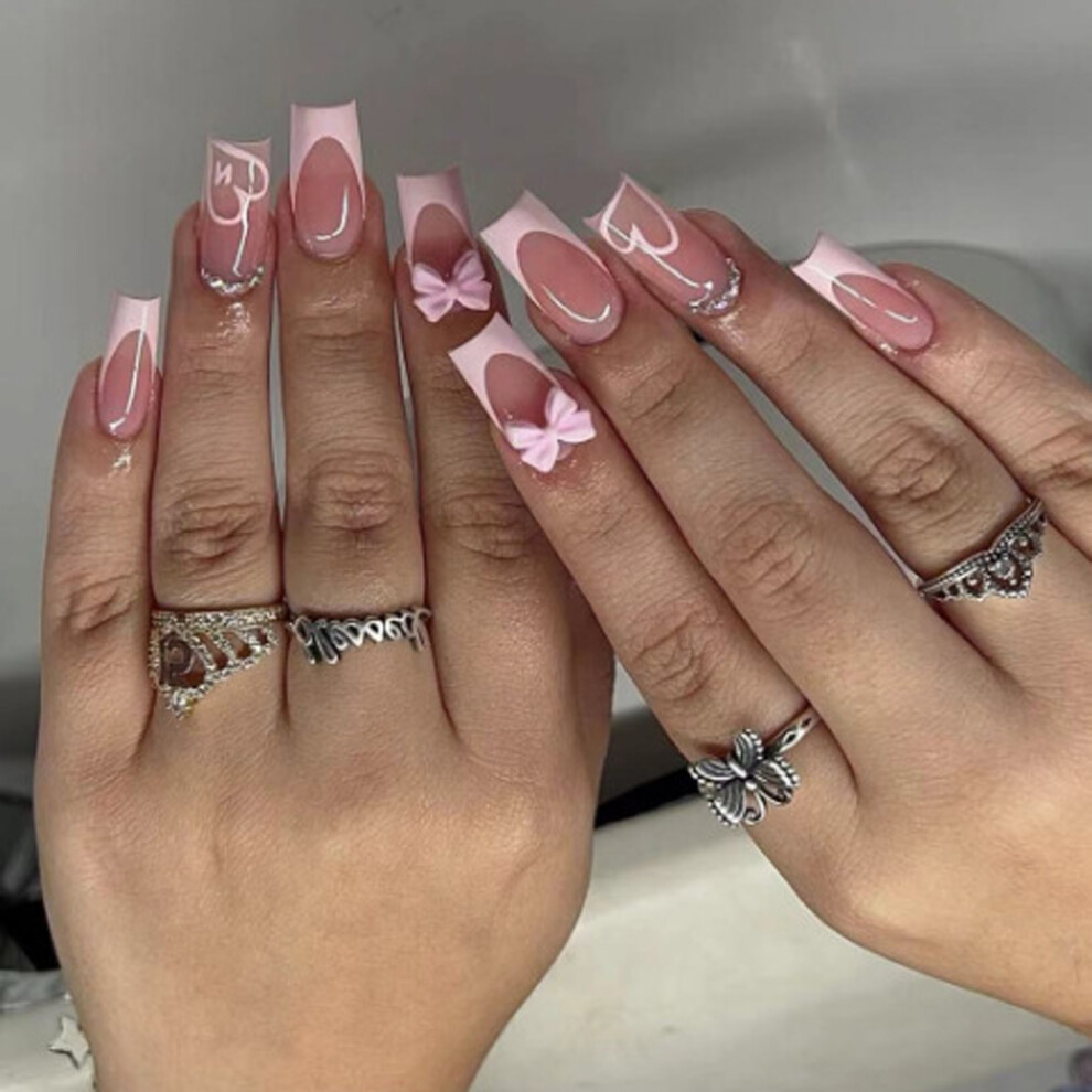 Pink 24Pcs Glittering False Nail Elegant Nuded French Manicure Butterfly Bows