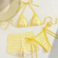 Retro Stripe Swimsuit With Swim Trunks Two Piece Backless Halterneck Swimwears Sky Blue S