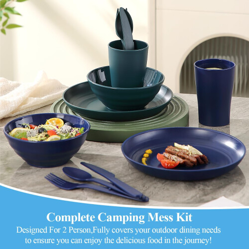 ReaNea Camping Mess Kit for 2 with Bowl, Plate, Cup, Spoon, Fork, 2