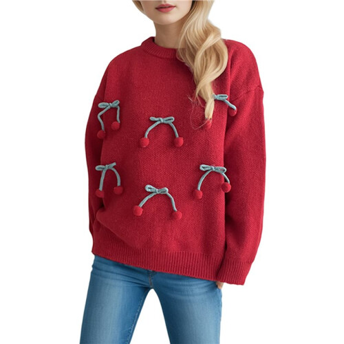Damenpullover: Langärmlig, Leicht, Lässiger Strickpullover in Großen Größen Rot Einheitsgröße