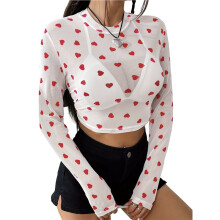 Women'S Long Sleeve Checkered Print See Through Sheer Mesh Crop Top Tee T Shirts White XL