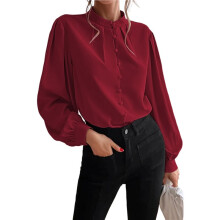 Women'S Fall Long Lantern Sleeve Blouse Stand Collar Single-Breasted Solid Casual Loose Blouse Tops Wine Red L
