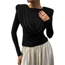 Women'S Burgundy Draped Cowl Neck Top Long Sleeve Elegant Blouse Casual Fashion Office and Party Outfits Black S