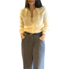 Damen Y2K Peplum-Cardigan, Langärmelig, Geknöpft, Gehäkelt, Rüschen, Herbstmode Hellgelb M