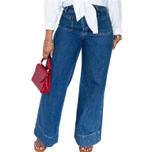 Damenjeans mit Weitem Bein, Hohem Bund, Stretchanteil, Geradem Bein, Lässiger, Trendiger Denim-Schnitt mit Schrägen Taschen Blau XL