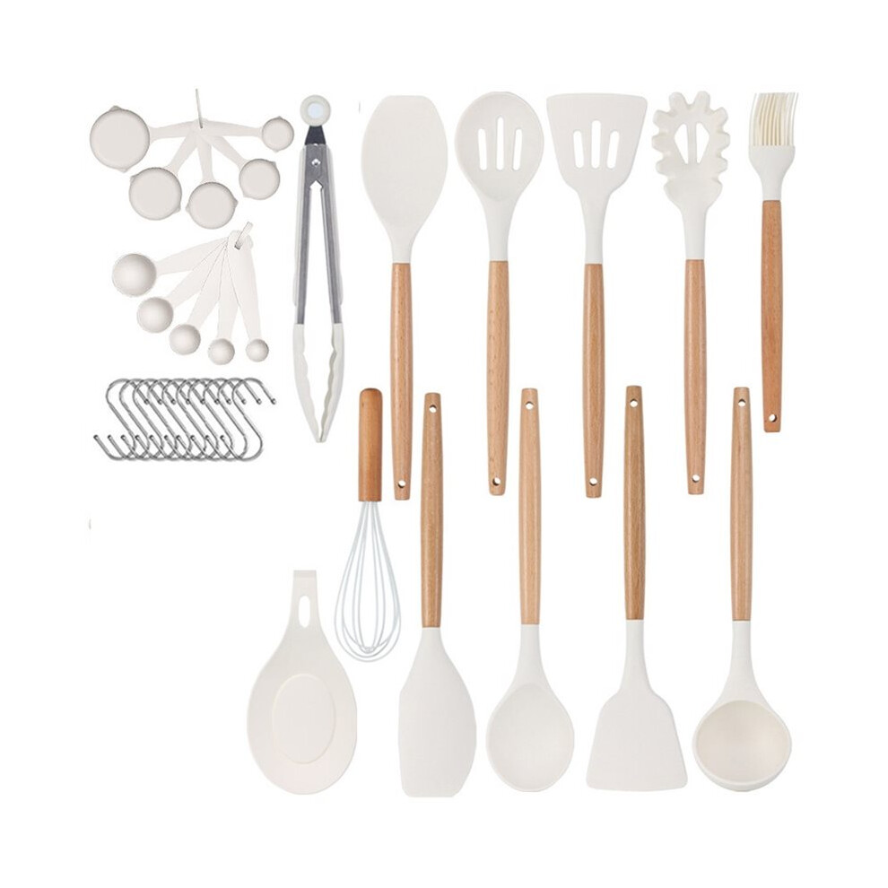 Saudism Kitchen Cooking Utensils Set, 33 Pcs Non-Stick Silicone Cooking Kitchen Utensils Spatula Set, Wooden Handle Silicone