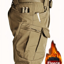 (Khaki, 40-42) Men'S Winter Tactical Cargo Pants - Thick Fleece-Lined, Windproof, Multi-Pocket Design, Stretch Fit, Solid Color, Ideal