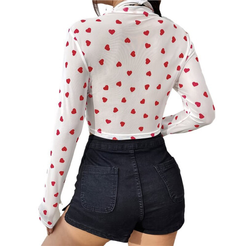 Damen Langarm-Crop-Top mit Karomuster, Durchsichtigem Mesh-Einsatz Weiß L 1