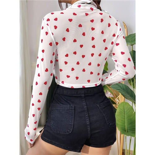 Damen Langarm-Crop-Top mit Karomuster, Durchsichtigem Mesh-Einsatz Weiß L 2