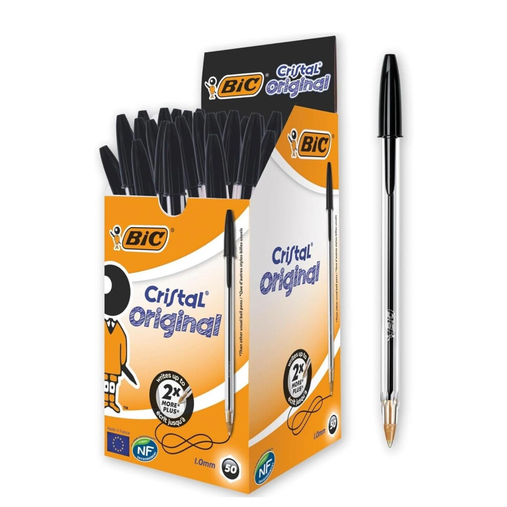 Bic Cristal Original Smudge Free Ballpoint Pens, Ideal For School, Medium Point (1.0Mm), Pack Of 50 Black