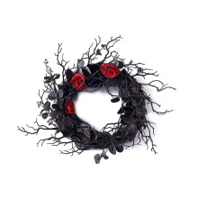 Black Halloween Door-Wreath with Red Rose Wreath for Front Door Black Wreath for Gothic Halloween Home Decor