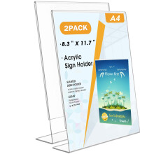 Flow fire A4 Acrylic Sign Holder, 2 Pack L-Shape A4 Clear Perspex Display Stand, Slant Back Menu Poster Sign Holder for Office Store Restaurant
