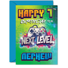 Playful 7th Birthday Card for Nephew - Level Up the Birthday Fun - Vibrant Gaming Controller Design with Bold Colours - Perfect for Your Favourite Ga
