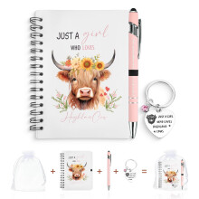 GADITIEK Highland Cow Gifts for Women – “Just a Girl Who Loves Highland Cows” Stationery Gift Set with A6 Spiral Notebook, Cute Keychain & Pink