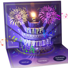 WUJUN 3D Pop Up Firework Birthday Cards, Musical LED Lights Birthday Cards with Blowable Birthday Cake, Greeting Cards, Birthday Gifts for Mom Women