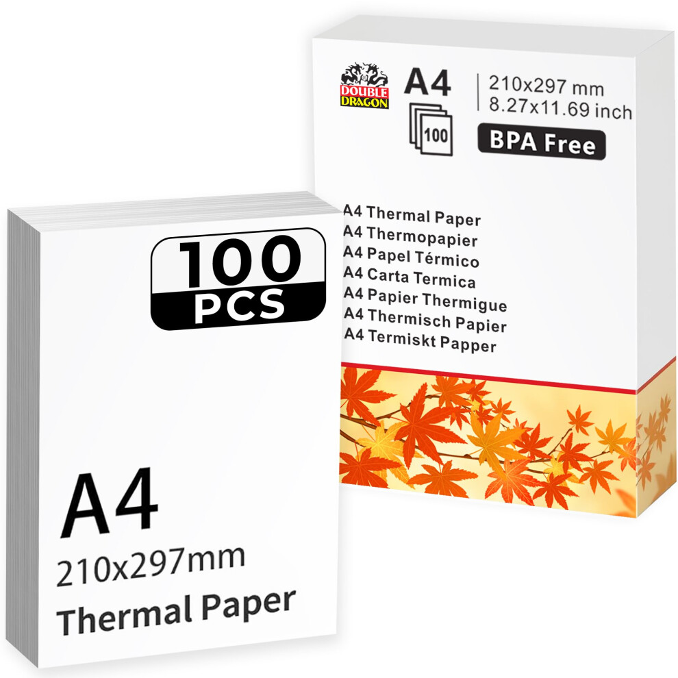 Double Dragon A4 Thermal Printer Paper | 100 Sheets | 210X297mm (8.27" X 11.69") | Compatible With Phomemo M08f, M832, M834, Q302, Brother, Munbyn &