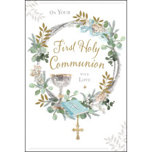 Jonny Javelin First Holy Communion Congratulations Card for Men or Boys - Communion Congratulations Card with Artistic Chalice, Bible and Wreath Desi