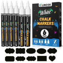 LINOSK White Liquid Chalk Pens, 3 Tip Sizes (1mm/3mm/6mm Reversible), Easy Wipe for Blackboard, Glass, Window, Includes 45 Black Labels, for School,