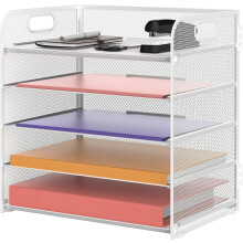 SUPTIDY 5 Trays Paper Organiser Letter Tray with Handle-Mesh Desk File Organiser, A4 Paper Sorter Desk Organiser for Office, Home or School, White