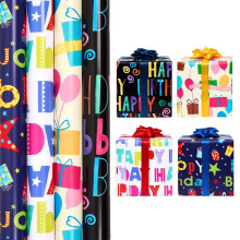 Birthday Gift Wrapping Paper Roll, 4 Rolls 43cm x 3M Bright Color Wrapping Paper for Men Women Gift Wrap