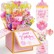 YianHien Grandma Birthday Card, 3D Pop Up & Pull-Out Gift Box Design, Lovely Grandma Birthday Gifts with Cake Bouquet & Crystal Tiara Decorations