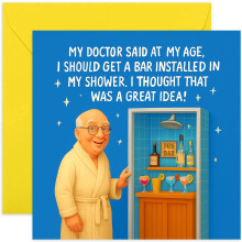 Funny Male Birthday Card for Dad, Man in Shower with Pub Bar, Old Age Joke Humour for Husband Brother Grandad - Square, Blank Inside with Premium Env