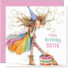 Sister Birthday Card - Rainbow Girl & Cake Design - Quirky Cute Kids Childrens Birthday Card for Sister Sis