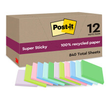 Post-it Super Sticky 100% Recycled Notes, Pack of 12 Pads, 70 Sheets per Pad, 47.6 mm x 47.6 mm, Pink, Green, Blue, Purple, Yellow - Extra Sticky Not