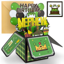 YianHien Nephew Birthday Cards, Pop Up Greeting Card for Nephew from Auntie, Pixel Gaming Themed Happy Birthday Decoration Gifts for Boys with Noteca