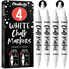 Chalkola 4 White Chalk Markers - Dual tip, Bullet & Chisel Tip (1mm, 3mm, 5mm) | Erasable Liquid Chalk Pens for Blackboard, Chalkboard Signs, Car Win
