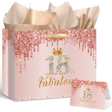 12'' Large Rose Gold 18 & Fabulous Birthday Gift Bag for Young Women Pink 18th Birthday Present Set with Card and Wrapping Tissue Paper Coming of Age
