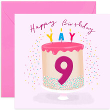 Old English Co. Pink Cake 9th Birthday Card - Girl Ninth Birthday Card | Daughter, Grandaughter, Niece | Blank Inside & Envelope Included