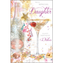 Jonny Javelin Special Daughter Birthday Card - Champagne Bottle and Party Cocktail Embossed with Foil and Flitter Details