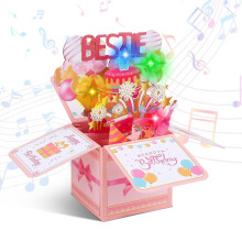 3D Bestie Birthday Card with Music and Blowable LED Lights Candle,Musical Pop up Greeting Cards Birthday Gift for Girls Women Party Decoration Keepsa
