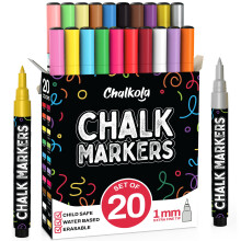 Chalkola 20 Extra Fine Tip Liquid Chalk Pens for Blackboard (1mm, Neon, Pastel, Metallic Dry Erase Marker) | Washable Chalk pens for Chalkboards, Win