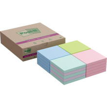 Post-it Super Sticky 100% Recycled Notes, Assorted Colors, Pack of 20 Pads, 70 Sheets per Pad, 76 mm x 76 mm, Blue, Green, Pink Colors - Extra Sticky