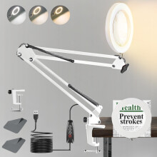 Magnifying Glass with Light,10X Desk Clamp LED Magnifier Lamp,3 Color&10 Dimmable Modes,USB Rechargeable, Adjustable Arm, Real Glass Lens for Diamond