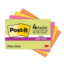 Post-it Super Sticky Large Notes, 180 Sheets, Pack of 4 Pads, 203 mm x 152 mm - Holds Strong to Many Surfaces - Bright Colours - for Walls, Monitors