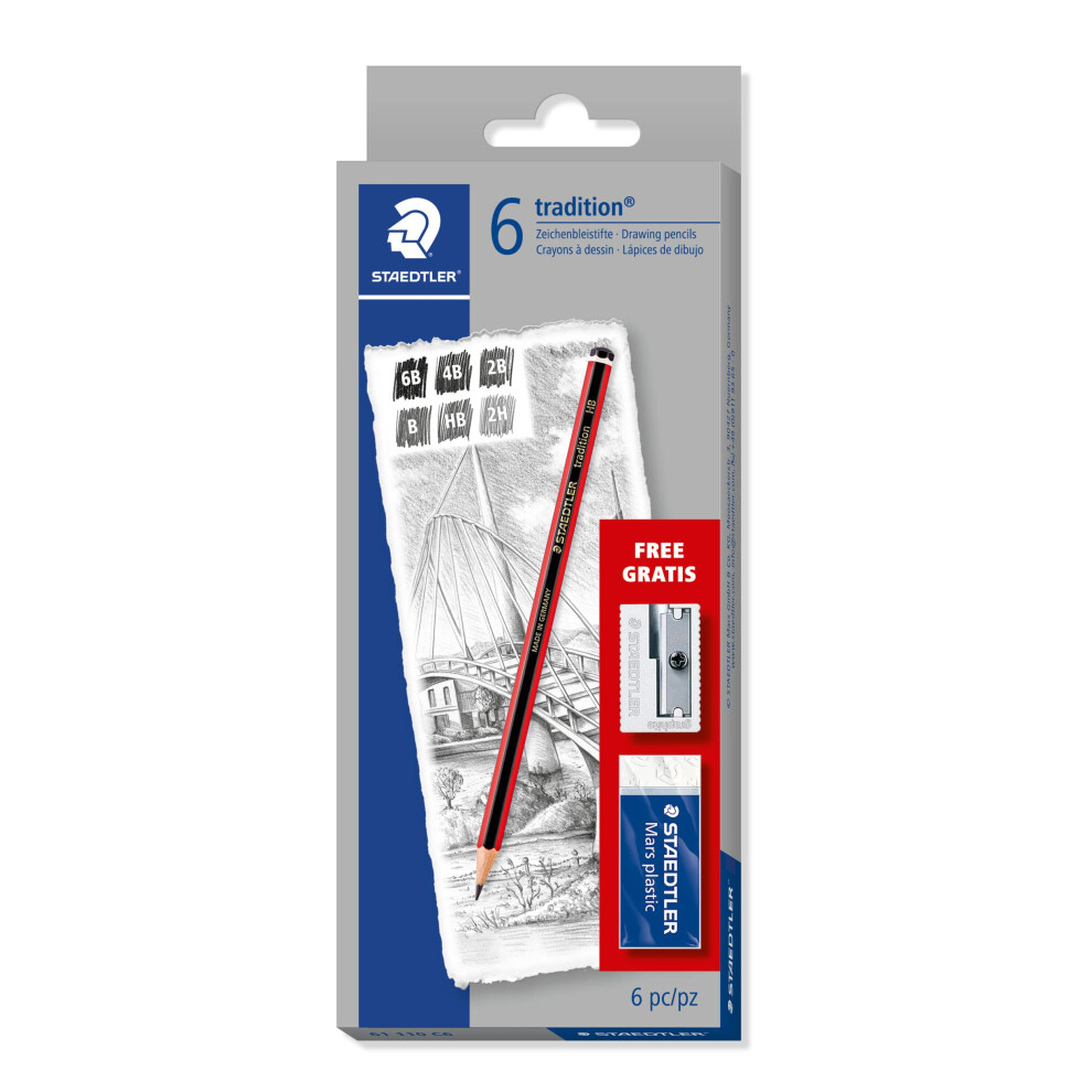 Staedtler 61 110 C6 Tradition Graphite Pencil For Drawing & Sketching - Assorted Degrees (6 Pencils + Free Sharpener & Eraser)