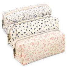 Candcamp 3 Pcs Floral Pencil Case Cute Fabric Pencil Case Pink Blue for Girls Big Capacity Makeup Bag Practical and Portable