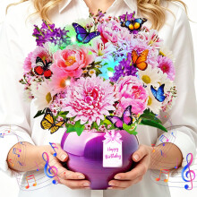 Flower Birthday Cards, Musical & Light-Up 3D Pop-Up Peony & Gerbera Bouquet with Butterflies, 10 Inch Happy Birthday Greeting Card for Women, Mum, Wi