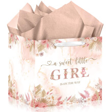 Large Boho Baby Girl Gift Bag, Baby Shower Square Gift Bag Pink Floral Jumbo Gifts Bag with Tissue Paper A Sweet Little Girl is on The Way Wrapping P