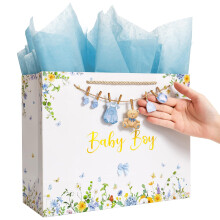 Crisky Large Baby Gift Bag with Tissue Paper, Gift Card and Bow for Baby Shower Boy's Kid's Birthday Party decoration (Features a Babysuit Banner and