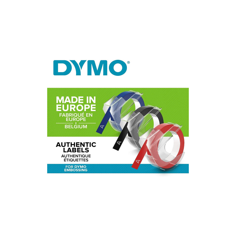 Dymo Authentic Embossing Labels | 9Mm X 3M | & Self-Adhesive Labelling Tape | For Embossing Label Makers | 3 Count | Made In Europe Black/Blue/Red