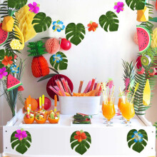 60 Pcs 8 Inch Tropical Monstera Leaves and Hibiscus Flowers & 1x 7.5M Artificial Ivy Garland Foliage Green Leaves