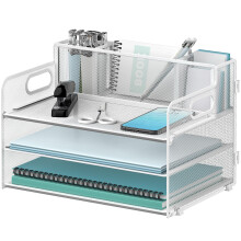 SUPTIDY 3 Tier Desk Organizer with Handle & 3 Pen Holders, Mesh Paper/File Organizer for Desk, Paper Letter Tray Organizer for Office Supplies (White