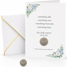 Wedding Card with Lucky Sixpence Traditional Something Old New Borrowed Blue Rhyme 18 x 13 cm