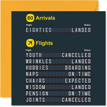 Funny 80th Birthday Card - Eighty Years Young and Ready for Take-off - Playful Airport Arrivals Board Design - 145mm Square, Envelope Included