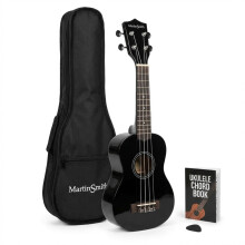 Martin Smith 21 Inch Soprano Ukulele Starter Set, Black Acoustic 4 String Beginner Uke for Kids & Adults with Gig Bag & Chord Book