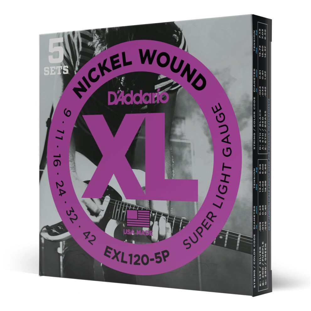 D'addario Electric Guitar Strings, Xl Nickel, Exl120-5P, Super Light G